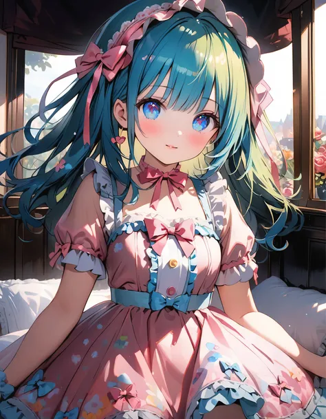 ((ultra quality)), ((ultra detail)), ((top quality)), pastel colored fluffy cute dress, frills and lace and ribbon, (sweety bedroom:1.2), cowboy shot, portrait, hyper detail face, hyper beautiful eyes, ((anatomically correct)), (((correct hand))), soft lig...