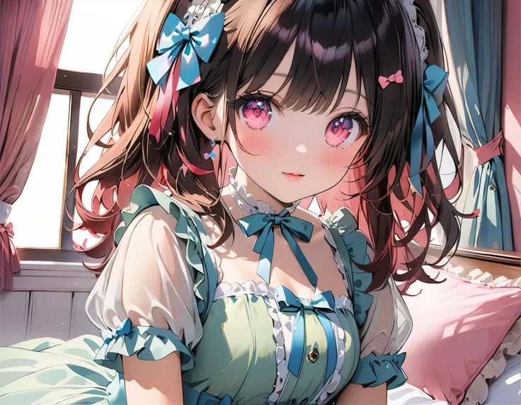 ((ultra quality)), ((ultra detail)), ((top quality)), pastel colored fluffy cute dress, frills and lace and ribbon, (sweety bedroom:1.2), cowboy shot, portrait, hyper detail face, hyper beautiful eyes, ((anatomically correct)), (((correct hand))), soft lig...