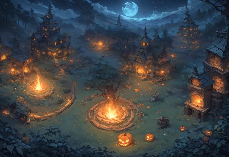 Concept art, quarter view, 45 degree angle. Night time forest, Halloween atmosphere. Wide land, composition showing a lot of land, props and decorations symbolizing Halloween, image viewed from a 45 degree angle with no perspective and no visible sky. We n...