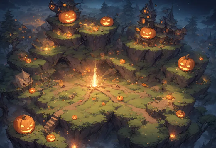 Concept art, quarter view, 45 degree angle. Night time forest, Halloween atmosphere. Wide land, composition showing a lot of land, props and decorations symbolizing Halloween, image viewed from a 45 degree angle with no perspective and no visible sky. We n...