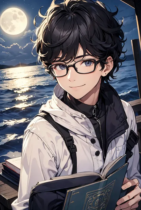 Handsome,boy,glasses,blackhair,book,light,smile,refreshing,perm,moonlight