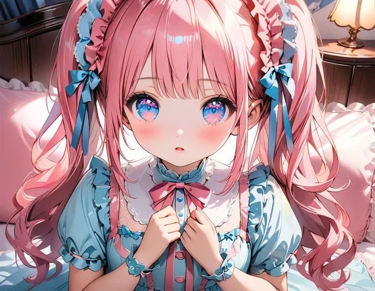 ((ultra quality)), ((ultra detail)), ((top quality)), pastel colored fluffy cute dress, frills and lace and ribbon, (sweety bedroom:1.2), cowboy shot, portrait, hyper detail face, hyper beautiful eyes, ((anatomically correct)), (((correct hand))), soft lig...