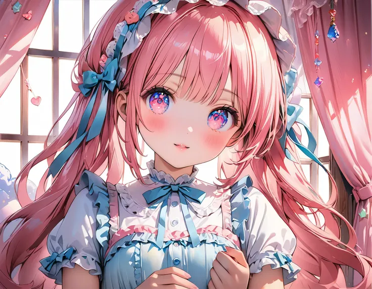 ((ultra quality)), ((ultra detail)), ((top quality)), pastel colored fluffy cute dress, frills and lace and ribbon, (sweety bedroom:1.2), cowboy shot, portrait, hyper detail face, hyper beautiful eyes, ((anatomically correct)), (((correct hand))), soft lig...