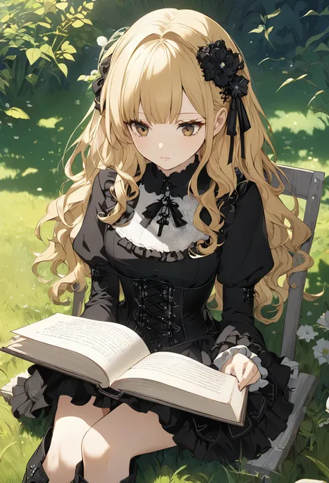 Fascinating view of a young woman reading a book on the grass, (((Upper Body))), (((gothic))), ,she was adorned with hair accessories、, Wavy Blonde Hair。Ruffled mini skirt, sheの表情は自然だ, Calm expression. she wore a dress with ruffled sleeves and a tight cors...