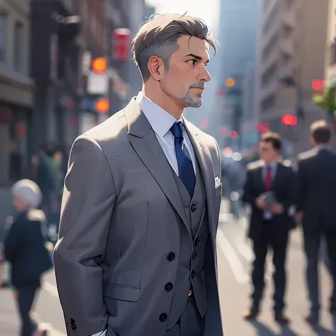 (looking away:1.5),upper body,hand in pocket、
masterpiece、high quality、(A 50-year-old man with short grey hair and brown eyes:1.5)、Wearing a grey suit、 
serious,Standing、
The background is a busy street、（alone:1.5）