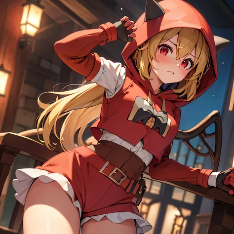 (insanely detailed, beautiful detailed face, masterpiece, best quality), ((masterpiece)),((best quality)),(highres), bokeh, looking at viewer, solo, 1girl, cowboy shot, pkmntmg, tmgoutfit, fake horns, ((hoodie)), red shorts, gloves, red boots, small breast...