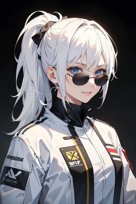 masterpiece, best quality, 1girl, white hair, black racing suit, smile, long hair, ponytail, mugshot, upper body, round sunglasses, detailed eyes, detailed facial features, realistic and high resolution (best quality, 4k, 8k, highres, masterpiece:1.2)