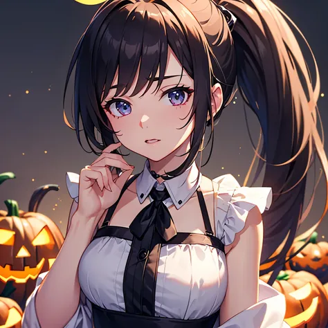 The body is eight times longer than the head, (Highly detailed CG Unity 8k), (Best Quality)，(Very detailed)，(Ultra-high resolution), Black Hair, High school girl, Anime 2D Rendering, Realistic young anime girl, ((Halloween Cosplay)),Idol,Embarrassed,Blonde...