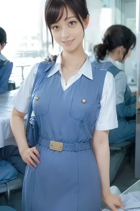 (masterpiece:1.2, Best Quality:1.2), 32K HDR, High resolution, (Alone、1 girl)、(On the roof of a building during the day、Professional Lighting)、Building rooftop background、(Real style wearing Japan air system cabincrew uniform blue)、((Japan Air System cabin...