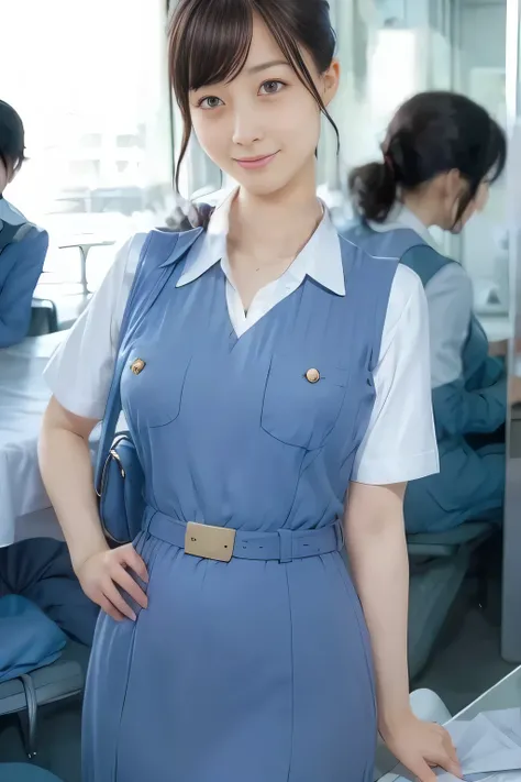(masterpiece:1.2, Best Quality:1.2), 32K HDR, High resolution, (Alone、1 girl)、(On the roof of a building during the day、Professional Lighting)、Building rooftop background、(Real style wearing Japan air system cabincrew uniform blue)、((Japan Air System cabin...