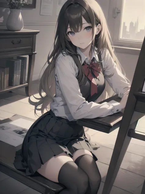 Masterpiece, photogravure style, 2D, one girl, solo, beautiful girl in an elegant school uniform, sitting gracefully, dynamic angles, detailed uniform design, prissy skirt, black tights, soft expression, cinematic lighting, ultra-detailed