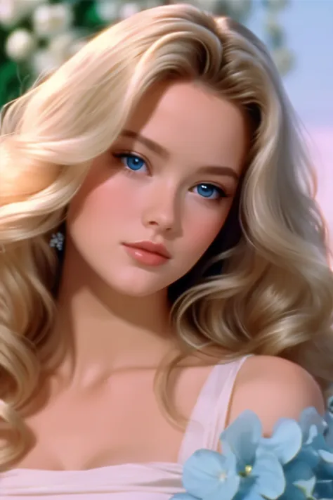 1996 movie, film still, screencap, Long blonde Hair, classy style, Wavy Hair, 1girl, Solo, dior, Portrait Photography, Film Grain, Blue eyes, hd. Babys breath flowers