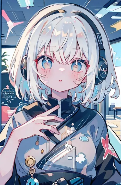 Absurd, High resolution, (Anime Style: 1.1),, (Super detailed), (beautiful), Alone, beautiful face, (lift), wind, White Hair, Headphones, Black Eye, Short Bob Hair,  cute, (masterpiece, masterpiece, 8k)