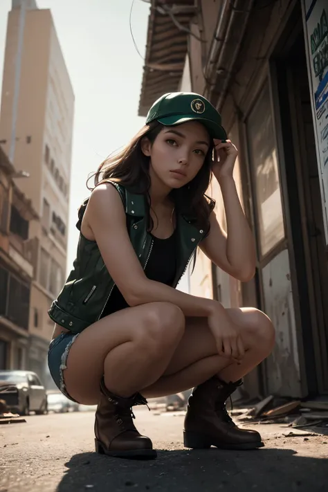 masterpiece, best quality, hyperrealistic, cinematic photo,  girl, pale skin, italian amazing slim and fit body, Green Military Cap, Leather jacket, thight tanktop, denim shorts, Brown boots, long brown wavy hair, large legs, perfect hands, beautiful face,...