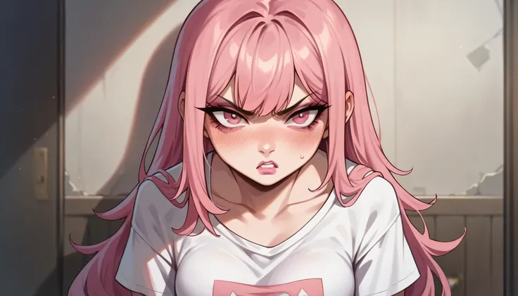 Long Hair with bangs, light Pink Hair, pink eyes, Medium breasts, Blush, angry, Adult, Pink Lip Gloss, Room, Oversized T-shirt, High Resolution, Looking at viewer, HD