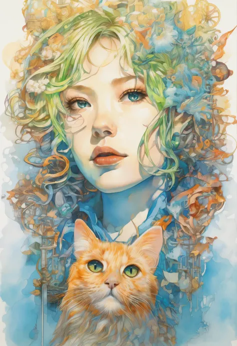 Artwork：Katsuya Terada 8K, High resolution, A complex and intricate masterpiece, (Winter Break:1.4), (Cat and girl:1.1), transparent, Sparkling blue eyes, Blue cat with light green eyes, Medium Shot, Blue Hair, Organic Shapes, Hard Edge, Anatomically corre...