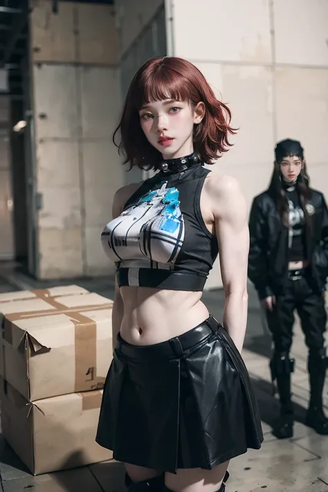 woman, Curly Red Pixie Cut Hair, Green Eyes, Wearing a black crop top shirt, Long black jacket, Red checked skirt, (Black knee-high boots), Black fingerless gloves, Exposed shoulders, (whole body), Big breasts Freckles, , Abdominal muscles, View your audie...