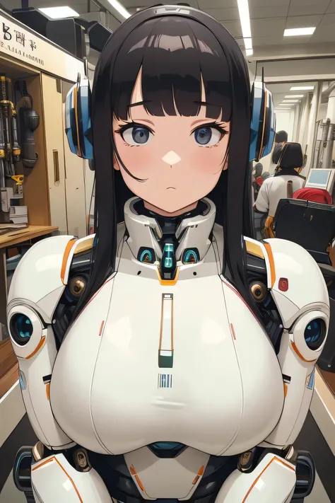 masterpiece, best quality, extremely detailed, Japaese android girl,portrait,Plump,a bit chubby,control panels,android,Droid,Mechanical Hand, Robot arms and legs, Black hair,Blunt bangs,perfect robot girl,long tube,thick cable connected her neck,android,ro...