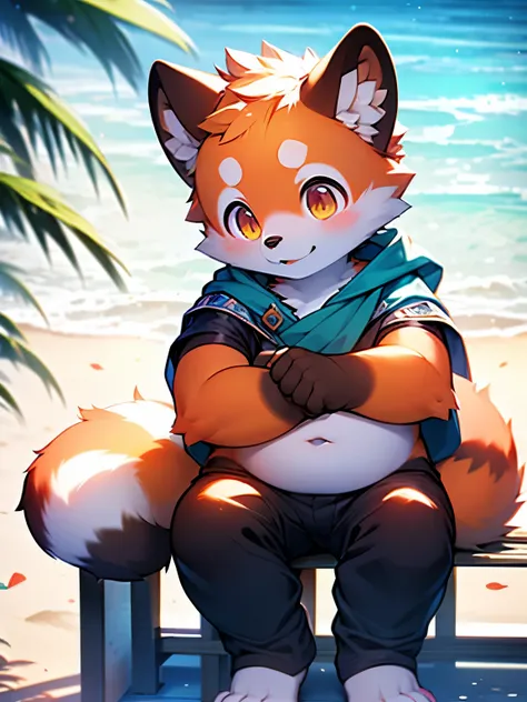 high quality，Healing Wind，Human，Lovely，，A little bit fat，With red panda ears，With a red panda tail，seaside，Sitting on the beach