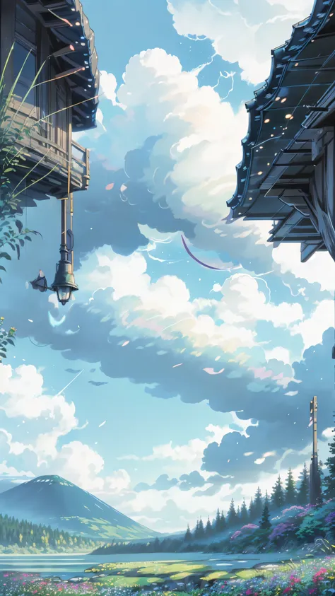 Viral anime nature wallpaper in 4K quality, in the style of digital illustration inspired by Hayao Miyazaki, showcasing a peaceful mountain valley covered in lush green fields. Wildflowers bloom abundantly, and a calm river winds through the landscape. Sma...