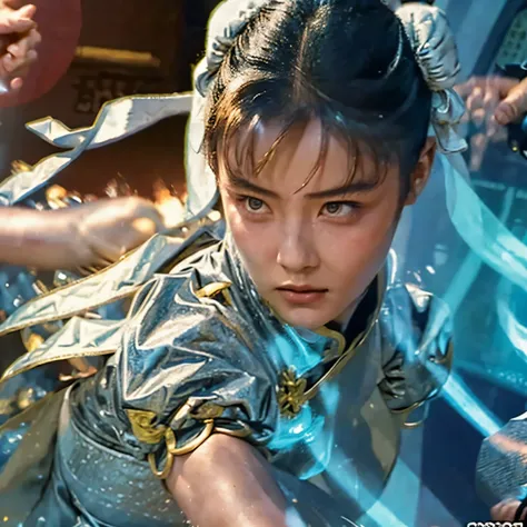 chunli, silver costume, torn costume, special moves, desperate, serious expression, fighting a formidable foe, the facial detail...