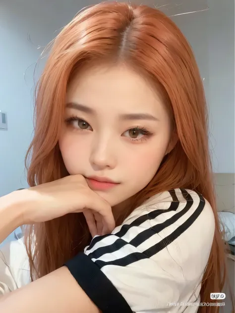 Arafed Asian woman with red hair and white shirt., parque roseanne de blackpink, portrait of Jossi de Blackpink, jossi de blackpink, black pink jennie, popular South Korean makeup, popular korean makeup, She has long orange hair, tzuyu twice, Korean girl, ...