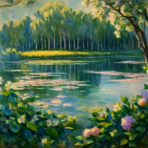 Painting of a lake with flowers and trees in the background, By Henri Le Sidane, Romantic Impressionism, Many painting, By Blanche Hoschedet Monet, French Impressionism, Many. Great lighting, style of Many, Many style, Impressionist art, claude Many), insp...