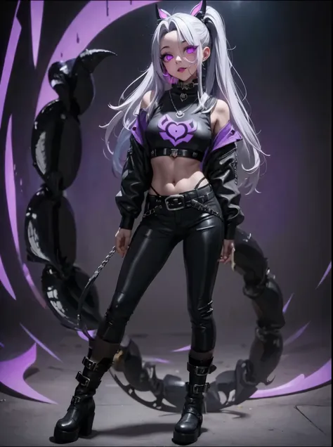 Girl with a tail. Fashion in rock style. Its a belly button. Gray hair. Large belts. Silver buckle. Black tail. Thick legs. Black long boots. Purple light background. Smog.