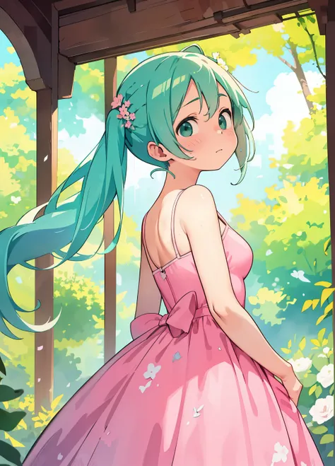 (masterpiece、Best Quality、Best Quality、Official Art、Beautiful and beautiful:1.2)、(One person:1.3)Hatsune Miku、Twin tails,Beautiful breasts,woman, Serious, Warrior, armor, elegant, Pink Dress, Aristocratic, silver element, Long nails, Bare shoulders, Hairst...