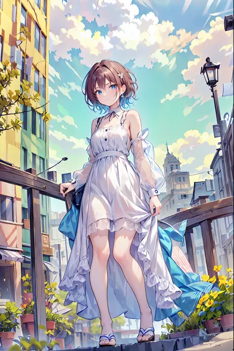 (masterpiece,up to date,exceptional:1.2), anime,One Girl,Brown Hair，Shortcuts，Messy Hair，Short braided hair，Neat，Slender beauty，A dignified posture，Small chest，Beautiful feet，Her captivating grey-blue eyes shine like stars，Vibrant colors,Beautiful Eyes,A d...