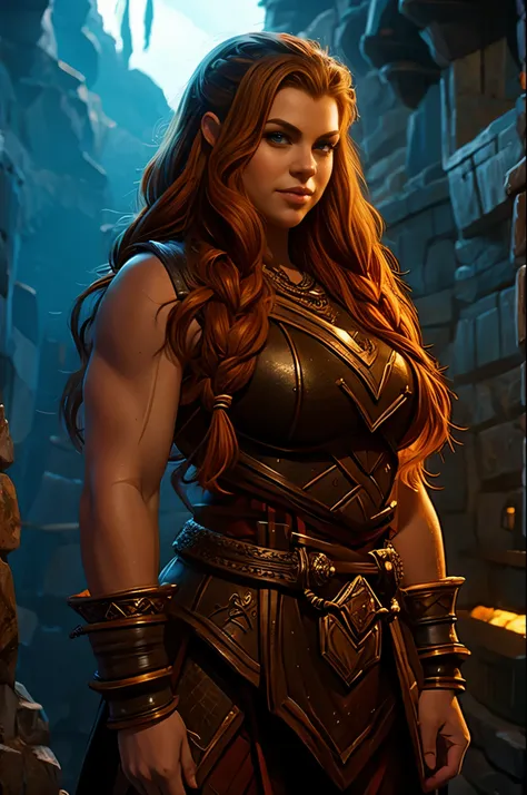 ginger female dwarven adventurer, d&d character portrait, dramatic lighting, long braided hair, strong muscled arms, busty, nake...