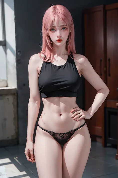 High resolution,4K,High resolution,1 girl, photoRealistic, Realistic,(Sweating), (NSFW:0.8) ,Heavy makeup, Standing,(((Half Body))), Large Breasts,Earrings , (Black Tank Top, Black Thong), Height: 167cm、Weight: approx. 40kg, Toned body, (Beautiful abs),(Lo...