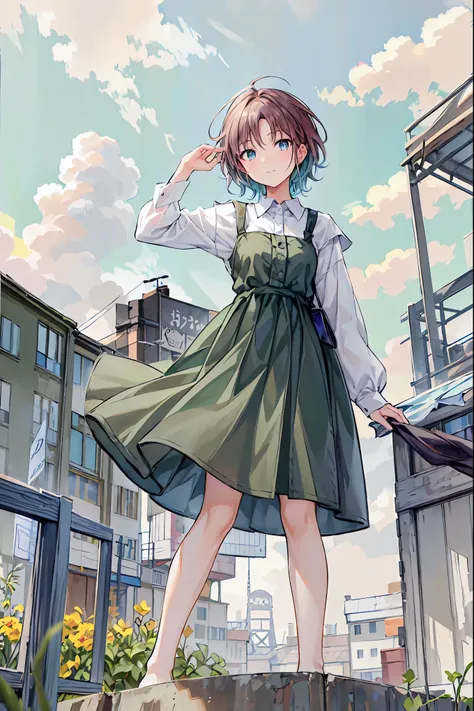 (masterpiece,up to date,exceptional:1.2), anime,One Girl,Brown Hair，Shortcuts，Messy Hair，Short braided hair，Neat，Slender beauty，A dignified posture，Small chest，Beautiful feet，Her captivating grey-blue eyes shine like stars，Vibrant colors,Beautiful Eyes,A d...