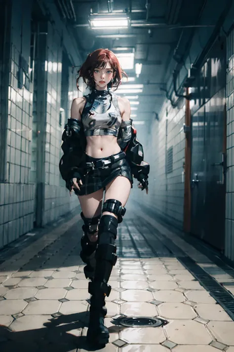 woman, Curly Red Pixie Cut Hair, Green Eyes, Wearing a black crop top shirt, black long jacket, Red checked skirt, (Black knee-high boots), Black Fingerless Gloves, Exposed shoulders, (whole body), Big breasts Freckles, , Abdominal muscles, View your audie...