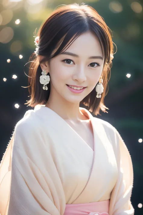 Realistic photos, Beautiful Eyes, A refreshing smile, Flowing black hair, Elegant kimono, Snow Background, Calm expression, Soft lighting, Traditional Japanese art style, Vibrant colors, Peaceful atmosphere, Delicate features, Graceful posture、like、Pink li...