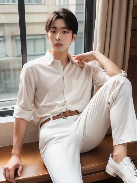 young man with cream colour shirt and white pants also wear white shoes