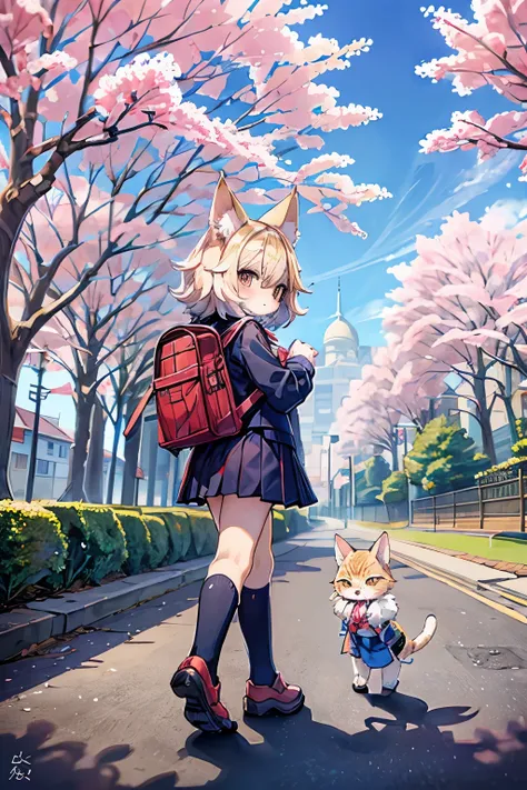 Anthropomorphic animal, female cat, a student, primary school student, Persian cat, walking, street full of cherry blossom trees, uniform, a backpack, height 130 cm, on the way to school,