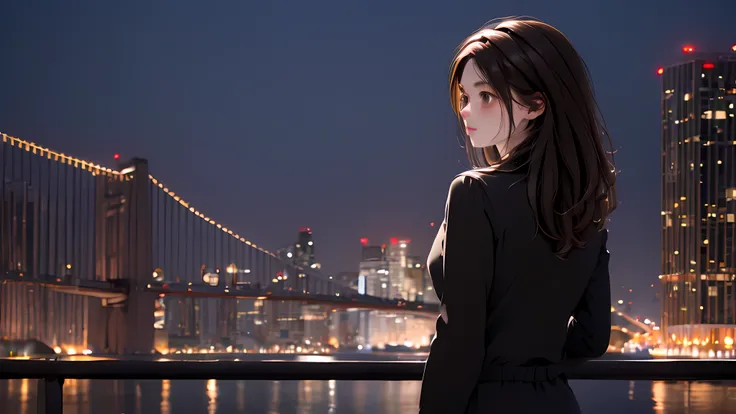 1 Girl , Girl medium light BROWN hair, light black eyes, wearing (Black suit 4D) , night city , high res, ultrasharp, 8K, masterpiece, looking from behind