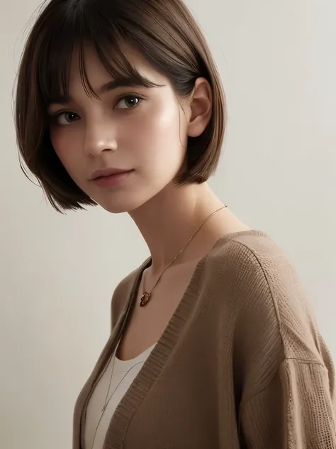 ((highest quality, 8K, masterpiece :1.3)), 1 girl, (bob hair、short hair,Taken in front of a white wall :1.2)、（gentle smile),Shot in natural light、pastel cardigan :1.1, Angle from above、super detailed face, fine eyes,(Highly realistic photos, High resolutio...