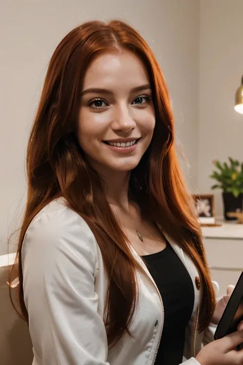 A radiant smile illuminates the face of the AI ​​influencer, with long red hair, Ultra high definition images of our digital AI influencer, smiling as she interacts with modern technology in her home.