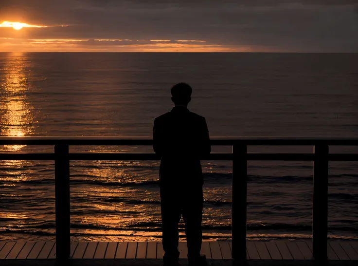 (A photograph of a mans silhouette standing by a railing, watching the sunset over the sea, in a lonely and peaceful scene, taken from behindrealistic photo,high quality,masterpiece,detailed environment,moody lighting,cinematic composition,dramatic atmosph...