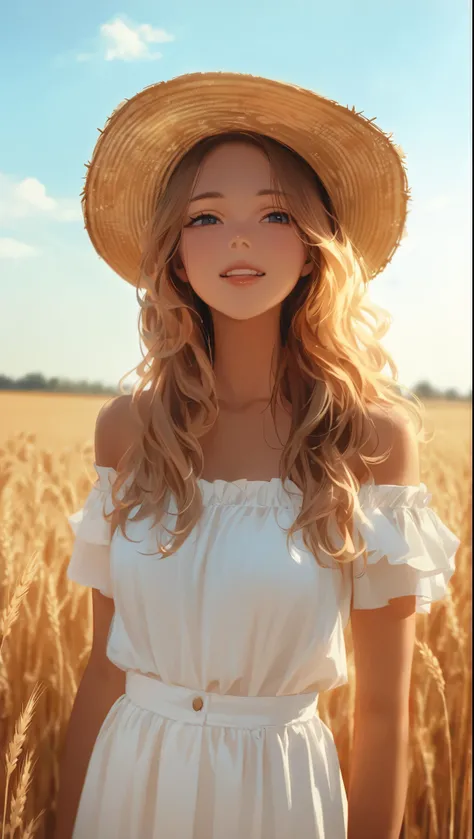 Young woman、Wheat field、summer、Straw hat、Wavy Hair、Off-the-shoulder dress、Natural Light、Golden Hour、Expression of joy、Blue Sky、cloud、White、Outdoor、Sunny daytime、Warm tones、portrait、Portrait composition、Clear sky、Beauty、fashion、Rustic Style、agricultural env...