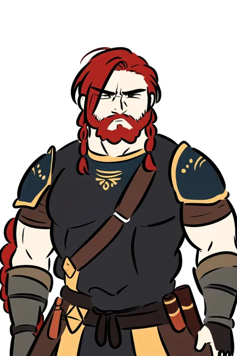 This character would be a robust man from the Middle Ages., Strong build and rough appearance, with reddish hair, undercut and a long braid that falls down her back. His face shows a scar on his right eye., which suggests that he has lived through multiple...