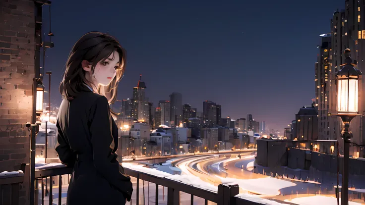 1 Girl , Girl medium light BROWN hair, light black eyes, wearing (Black suit 4D) , night blue city , high res, ultrasharp, 8K, masterpiece, looking from behind