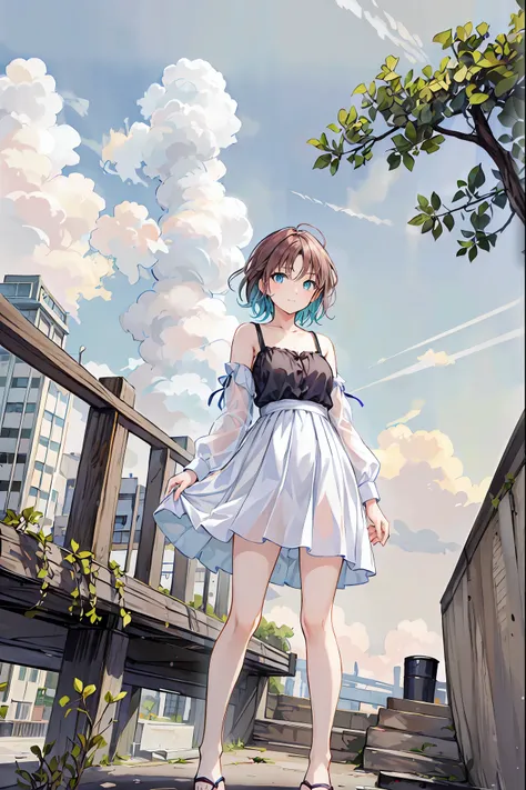 (masterpiece,up to date,exceptional:1.2), anime,One Girl,Brown Hair，Shortcuts，Messy Hair，Short braided hair，Neat，Slender beauty，A dignified posture，Small chest，Beautiful feet，Her captivating grey-blue eyes shine like stars，Vibrant colors,Beautiful Eyes,A d...