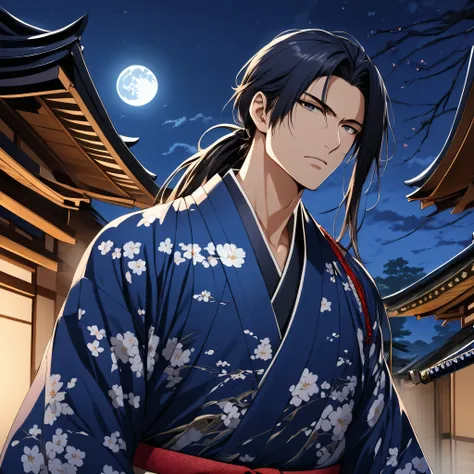 (masterpiece, Best quality:1.2), 1 boy, One, long hair, gathered in a ponytail, open torso, in a kimono, near the sakurch, moonlit night, katana