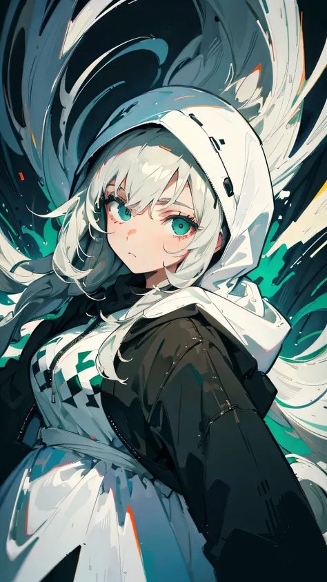 hoodie,White-dark woman with dark green eyes. High resolution, masterpiece, 最high quality, High detail, high quality, accurate, Ultra high definition, Op Art, 