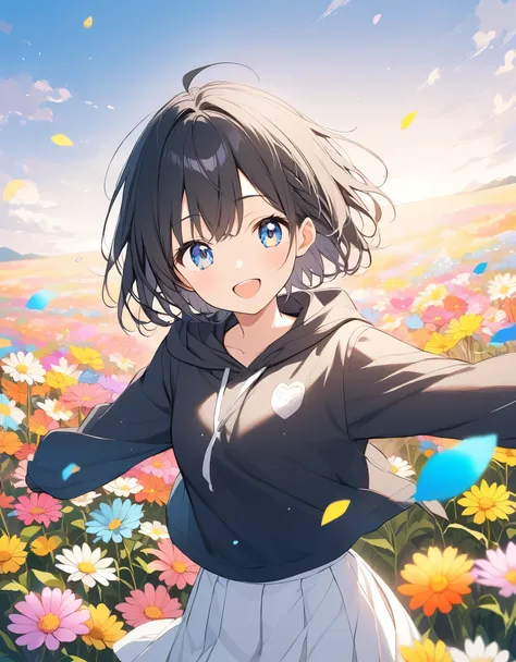 black hair、short hair、black hoodie、white skirt、colorful flower field、open your arms、teary-eyed、smile、keep waiting