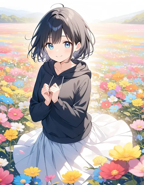 girl　alone、pastel、black hair、short hair、black hoodie、white skirt、in a colorful flower field１the road of books、open your arms、tea...