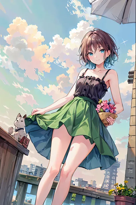 (masterpiece,up to date,exceptional:1.2), anime,One Girl,Brown Hair，Shortcuts，Messy Hair，Short braided hair，Neat，Slender beauty，A dignified posture，Small chest，Beautiful feet，Her captivating grey-blue eyes shine like stars，Vibrant colors,Beautiful Eyes,A d...